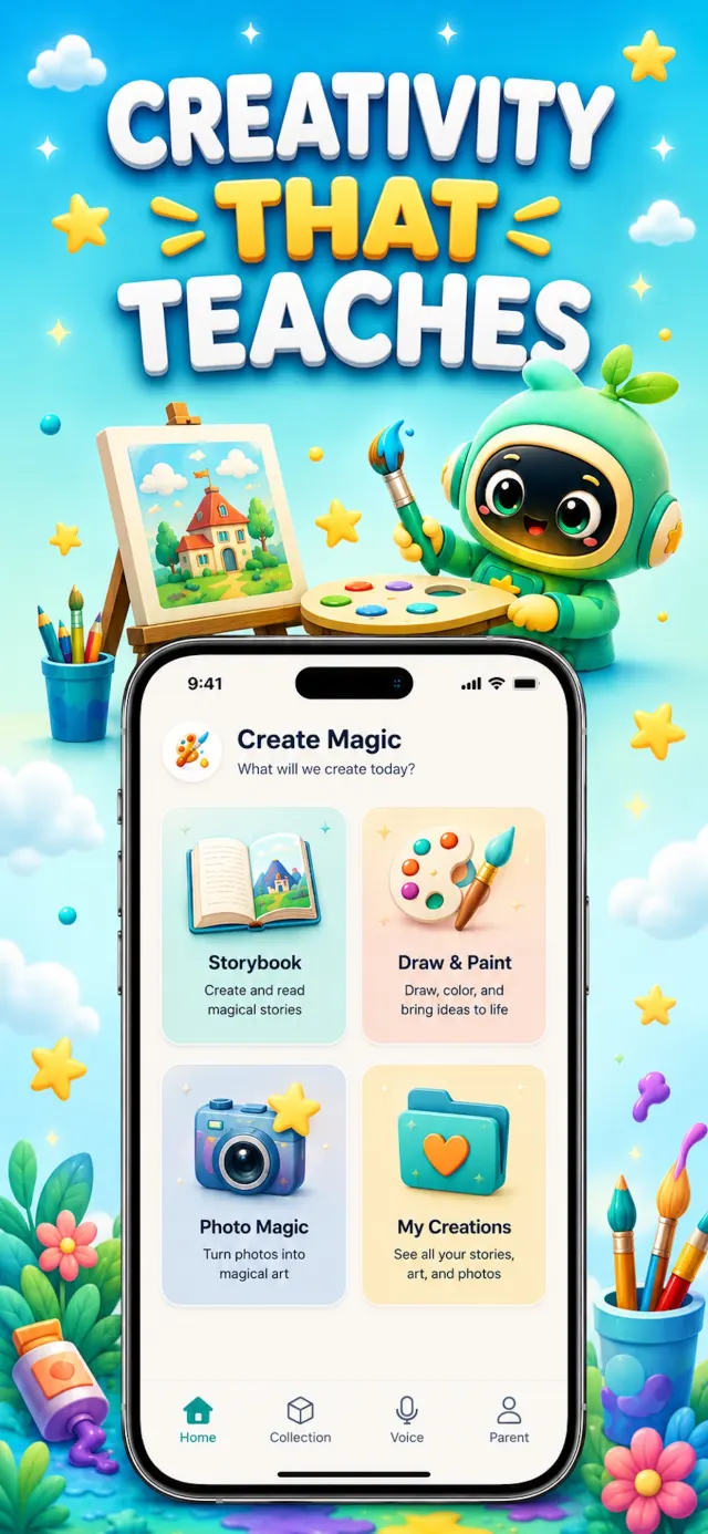 LeoLearn Create Magic screen with storybook, draw and paint, photo magic and My Creations tools