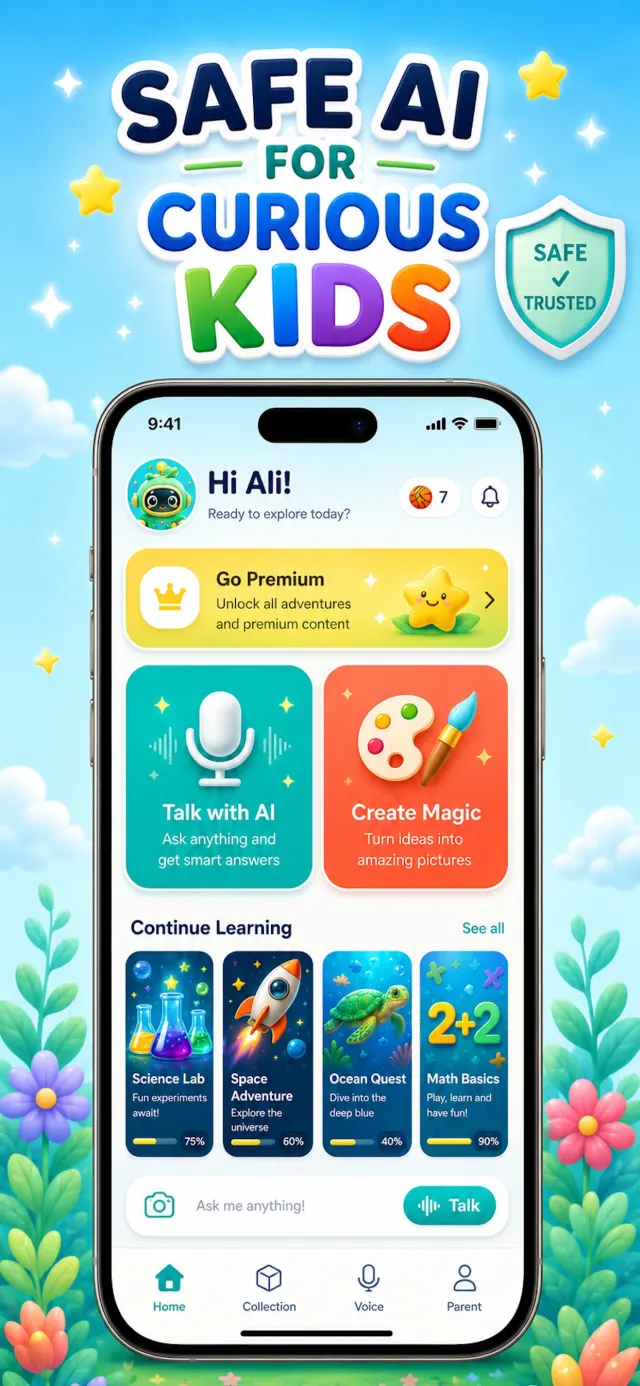 LeoLearn home screen — safe AI for curious kids with Talk with AI, Create Magic and learning adventures