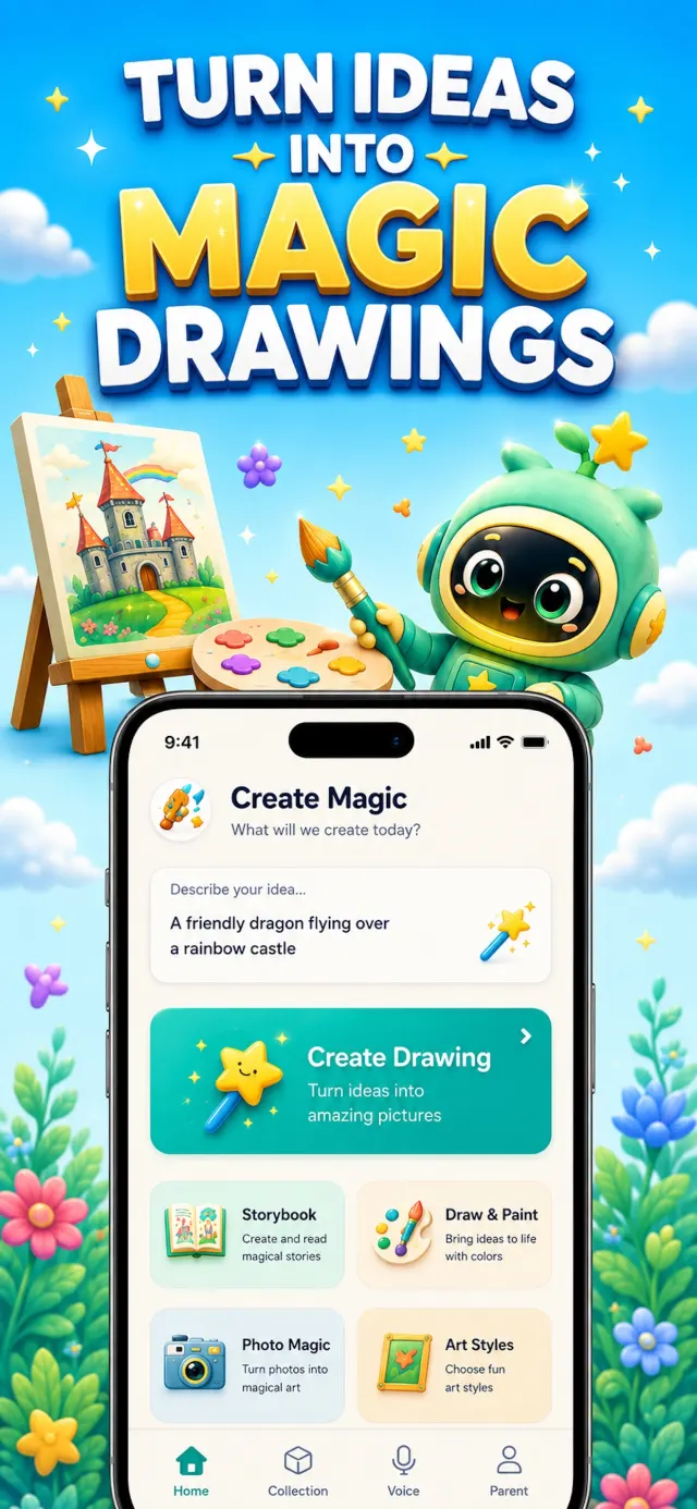 LeoLearn magic drawing screen turning a child's idea into a picture of a dragon over a rainbow castle
